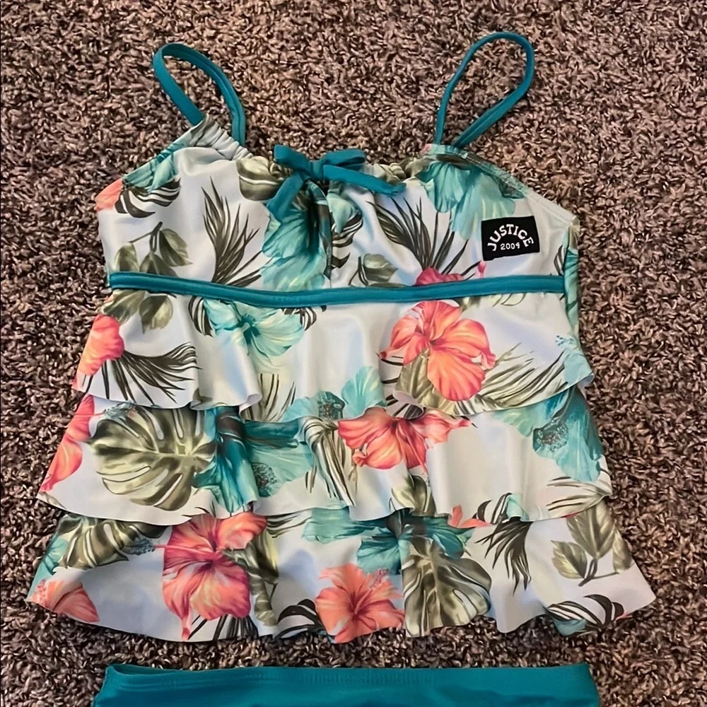 Justice Tropical Floral Kids Bikini - Teal and Orange